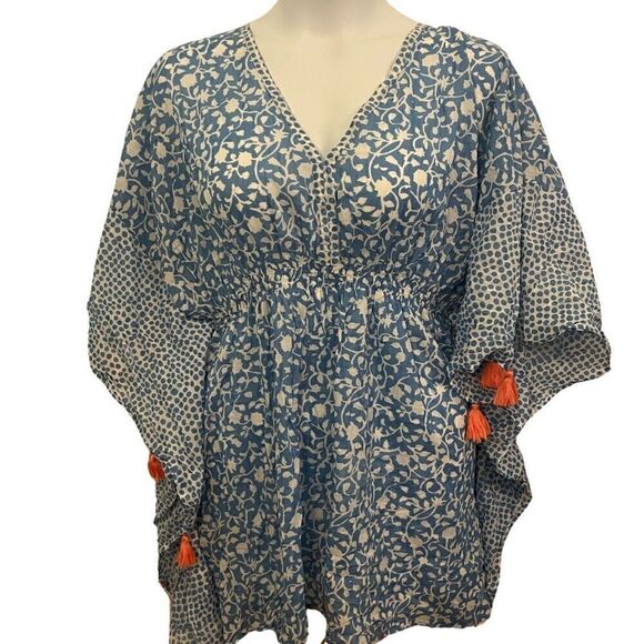Manglam Blue and White tassled beach cover up. Elastic waist. Size XL - Picture 1 of 6
